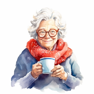 a heartwarming watercolor clipart image with a white background, featuring cute sweet extremely happy Granny enjoying a cup of hot cocoa while reading her favorite book.