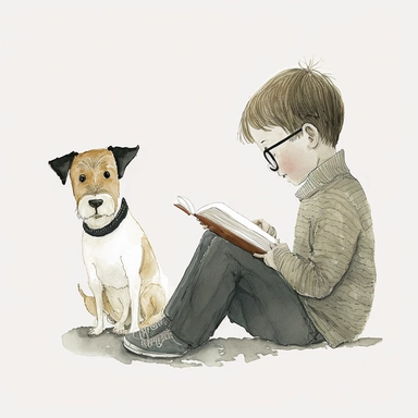 a dog sitting next to a young boy reading a book, watercolor and ink drawing, clipart, happy, gentle smile, beautiful watercolor ink wash coloring, thick pencil lines, Jon klassen, Adrian tomine, popular on etsy, watercolor illustrations clipart, watercolor illlustrations for kids and children, book illustrations, plain white background