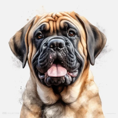 cute English Mastiff dog portrait, full face, centered shot, side shot, dynamically posed, in action, playful mood, happy mood, playing mood, cute face, adorable smile, childlike eyes, clean watercolor illustration, white background, nursery baby imagery, painting, detailed, 8k, PNG, clipart,