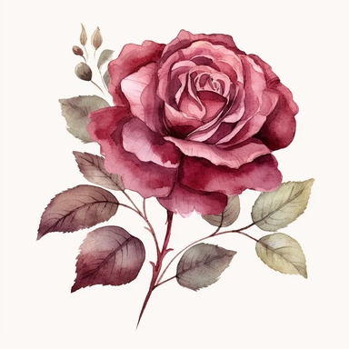 Clipart, vintage, watercolor, Burgundy Rose illustration, hand drawn, texture