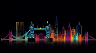 A striking minimalist clipart of London's skyline with a black background, featuring colorful silhouettes of iconic landmarks like the Tower Bridge, the Shard, and Big Ben, each element rendered in bold, distinctive colors that pop against the dark backdrop, perfect for use in various design projects