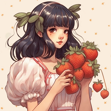 clip art, japanese girl in trying on a dress with strawberries on it, in styke anime art, unicorncore