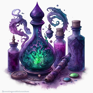 Many Gothic style Magical Potion bottles on the wizard table with watercolor effect,a glass magic ball,mystical magic books,victorian style candlestick,fantasy scene, suitable for digital clipart,dark colours,purple color,blue color,green color,white background
