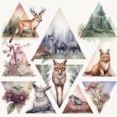 animals , geometry ,forest scene, Watercolor clipart bundle, png format, 300 dpi, 8k, vintage