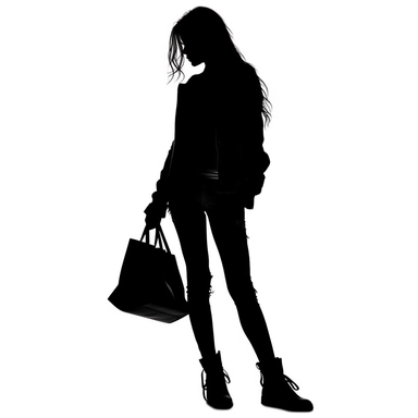 clipart teenage girl silhouette in black with a bag in hand white background