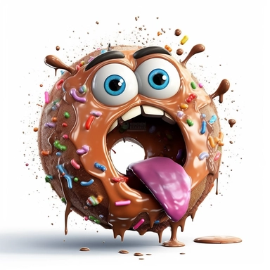 clipart of a messy donut, there is a funny face in thedonut, cartoon, for kids, funny, pixar, hole in the middle, 8k, white background, sharp focus, detailed,