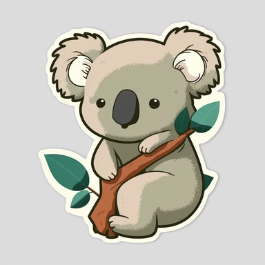a cartoon koala bear sitting on a tree branch, holding a eucalyptus leaf, clip art style, cute, 2d, flat, bright colors, flat background solid color, cute and fluffy, happy, sticker, fun, thick outer lines, simplistic flat