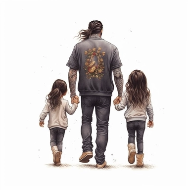 https://s.mj.run/UAYJRoBCAQg Cute Beautiful daddy and his kids, black hair, little kids, Back view Sublimation Clipart,Cartoon,hyper realistic, intricate detail, illustration style,high solution , on the white background