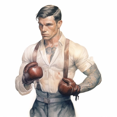A beautifully illustrated victorian pulp fiction male fighter in varying hues ,wearing boxing gloves and muscular, muscles, stunningly handsome, refined and sophisticated, Hand drawn, roberto ferri ,realistic watercolor, Clipart, watercolor, white background, intricate detail