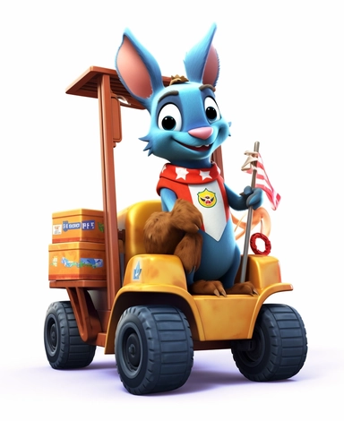 Showcasing a cartoon kangaroo as a forklift operator, with the design incorporating patriotic elements and symbols representing the United States. The overall design can appear polished and poignant, with the kangaroo proudly operating the forklift, that can be used as a sticker, colorful, highly detailed, with a white background, in the style of Pixar clipart, and no cut off edges.