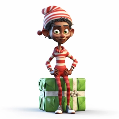 clipart of a crazy dark skinned female christmas elf standing on a christmas present, there is a funny face on it, cartoon, for kids, funny, pixar, 8k, white background, sharp focus, detailed,