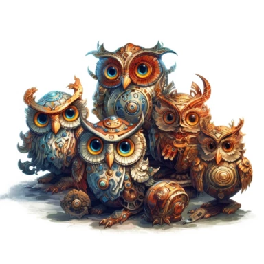 fantasy owl, fantastic owl, wallpaper owl, gods art, aion, Kawaii owl, wallpaper owl, gods art, aion, jewelry, A team of 6 supportive, curious, nerdy computer cats and robots, clipart by Sarah Anderson, pure white background