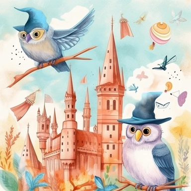 wizarding school, birds, vector art, simple, cartoon,2d,pastel watercolor, clipart