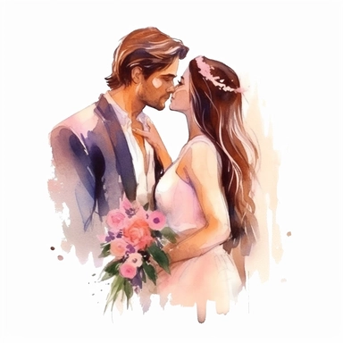 Glamorous and romantic wedding realistic watercolor, the beautiful bride and groom looking at each other with love. Smiling and happy wedding coupe. The bride is wearing long dark hair wearing boho jewelry and a veil, translucent, multi-layered, and delicate, with a bouquet of flowers of very delicate colors, fashion photography, watercolor clipart