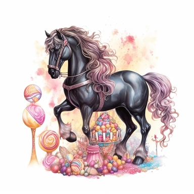 Gothic style beautifull over realistic victorian styled horse in the candyland with watercolor effect,candyland scene,candies,fantasy style,realistic features,vibrant colors,suitable for digital clipart,white background