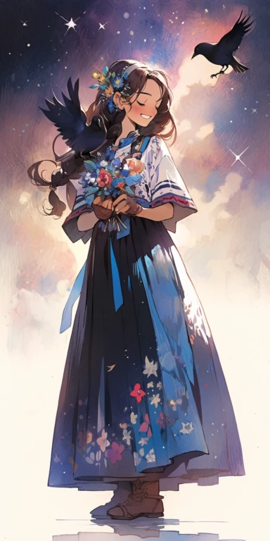 Watercolor beautiful feathers and flowers, stars and universe, beautiful girl, with smile, Full body, face side, fantasy illustration, perfect face, with beautiful face and with stars, beautiful brown hair, beautiful face, love, vintage long dress, vivid vibrant colors, intricate detail, hyper detailed, hyper quality, 32K, unreal engine, isolated on white background, kawaii, clipart, fantasy art