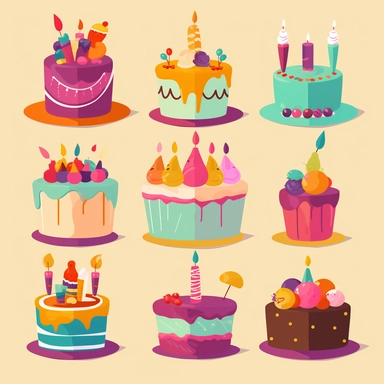 Clipart of birthday cakes, in a simple style, with bright colors, bold outlines, and simple shapes. No shadows Each graphic should be separate, images cannot overlap