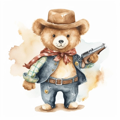 A cute watercolor clipart of a teddy bear dressed in Wild West cowboy attire, with a hat, boots, and a bandana around its neck. The bear has a confident stance and a revolver in its holster