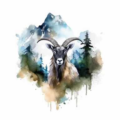 water color style goat with the moutain forest in the back clipart, isolated in white backgroud, hd