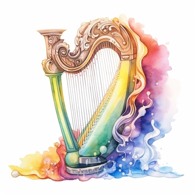 fantasy harp, rainbow colors and seashell ornaments, Clipart Watercolor, fantasy style, White background, HD