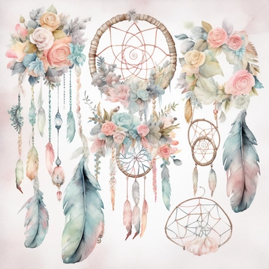 Create a watercolor clipart set of boho-inspired baby items such as dreamcatchers, feather mobiles, and macrame wall hangings. Use soft pastel colors and a white background to make the designs pop, white background