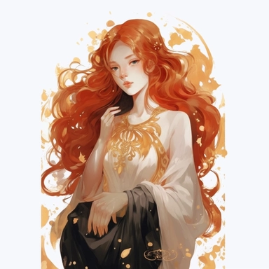 a beutiful girl with red flowing hair, delicate shades of red orange and gold, watercolor clipart, white backound, no backound, glowing,Takehisa Yumeji