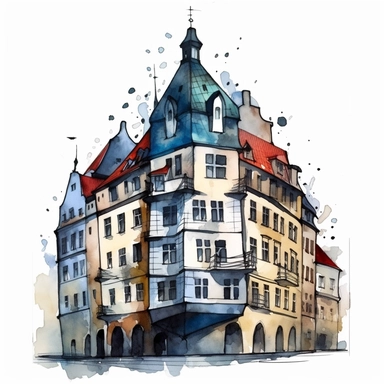 a Czech Republic Dancing House in the style of watercolour clipart with detailed brush strokes
