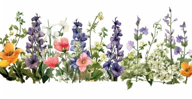 Pressed boho cottagecore snapdragon, cosmos, lupine, anemone and columbine floral border wildflowers with green foliages floral nature garden border, clipart with white background