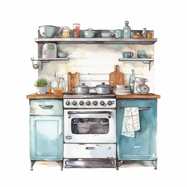watercolor clipart, small vintage kitchen unit in decent light colors, white background, view from front, high quality, highly detailed, sharpness
