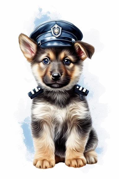 cute baby german shepherd police officer, unique, clipart, adorable, watercolor, realistic, 8k, high quality, no background