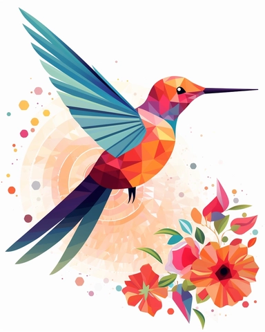 Create a colorful and playful clip art of a hummingbird. Keep the design simple and minimalistic, focusing on capturing the essence of the bird's shape and character. Use bold and vibrant colors to make the hummingbird stand out. Include a small flower or a few scattered petals as a decorative element. Emphasize clean lines and smooth curves to give the clip art a sleek and modern look. Aim for a high-quality, vector-based artwork that can be easily resized and used in various digital and print 