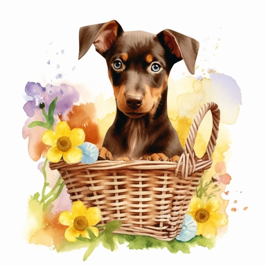 clipart watercolor, very cute brown Doberman Pinscher puppy, sitting in a basket with flowers and chocolate, full body, childlike, free brushwork, white background, high solution