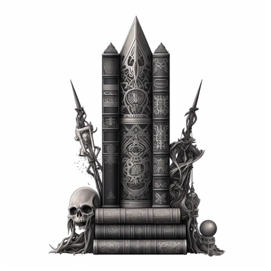 Create an impressive clipart of a clean, dark wizard's book stack on a pure white background. The design should incorporate elements of the gothic and fantasy genres, with dark hues and ornate designs on the books' spines. The lighting should be moody and shadowy, with a focus on the intricate details of the books' covers. The book stack should be perfectly symmetrical to create a sense of order and balance. Use a macro lens to capture the intricate details of the books' designs and play with th