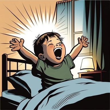 clipart illustration of a kid sitting up in bed in the morning, having a big stretch