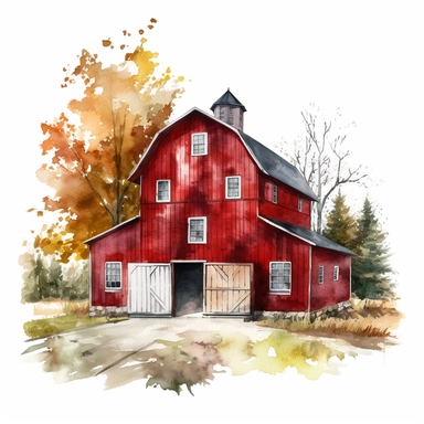 vector watercolor red barn in autumn clipart on white background, red barn in autumn colors, front view, from the front, photorealistic, ultrarealisticno background, on whit