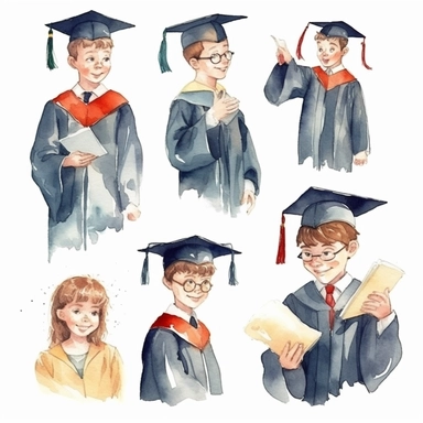watercolor graduation ceremony related scenes, illustrations clipart set, simple, , cartoon elements ,different variants , separate elements with a margin, ,4k, high resolution