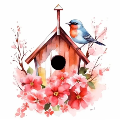vector clipart, isolated on white background, beautiful lovely Watercolor Spring wooden bird house hanging on the red bloming tree, ornated, vivid and saturated colors