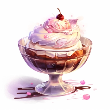 a drawing of a dessert featuring candy and whipped cream, icecream sundae, chocolate icecream, chocolate sauce, chocolate sauce dripping, glass bowl, in the style of pastel toned, shiny/glossy, fantasy realism, caffenol developing, warmcore, #screenshotsaturday, rubens, white background, isolated, free brushstrokes, watercolor illustration, clipart,