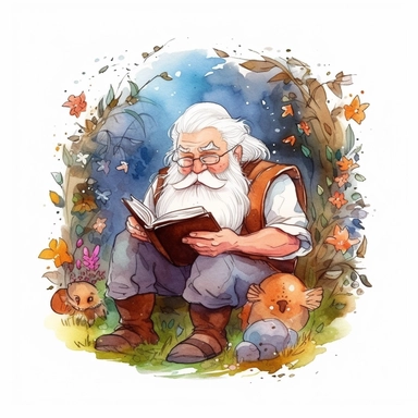 beautiful grandfather reading Fantasy book , clipart watercolor
