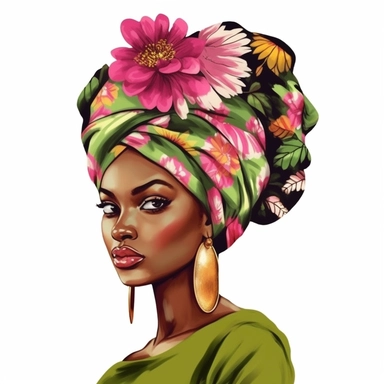 Black woman clipart, Ankara flower print skirt, head wrap pink and green, fashion graphics sorority afro girl clip art