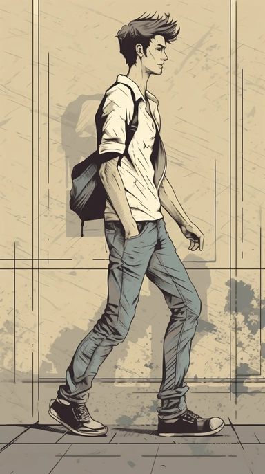 full body porrtrait of angry young man walking in a street, looking forward , side view, in an old cartoon drawing style with low details+ keep image datails +dark color tones+ vintage drawing style , clipart drawing, clipart image, high definition drawing, clean colors,balanced colors, detailed drawing, ratito 16:9 , aspects : high 1920 + width 1080