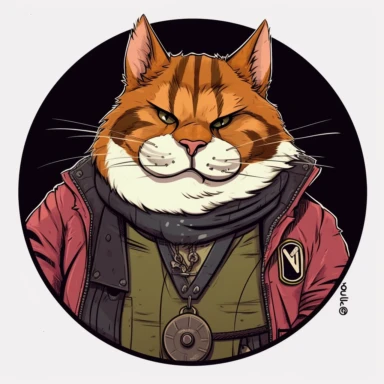 caricature short fat tabaxi mafia ranger lothario, Mike Allred Josh Kirby Mad Max Dungeons & Dragons, handpainted enamel punk zine indie retrowave, clipart illustration, circular solid background, circular border