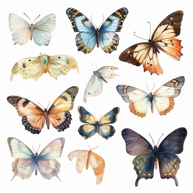 clip art Watercolor art of butterflies, with soft pastel hues, illustration in the style of Ayami Kojima and J.C. Leyendecker, pixiv, high quality, highly detailed,on white background