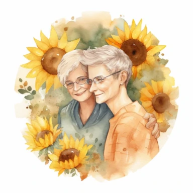 cute watercolor clipart with pale skinned older mom and adult son hugging echother in circle, beautiful, hight quality, pastel colors, white background, decorated with yellow sunflowers