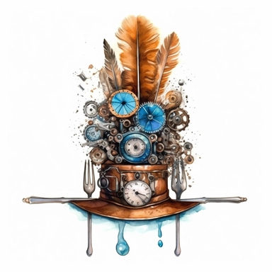 a steampunk style fork hat with watercolor effect,steampunk style gear wheels,steampunk style,unrealistic,suitable for digital cliparts , fantastic scene , high quality,fantastic scene,feathers