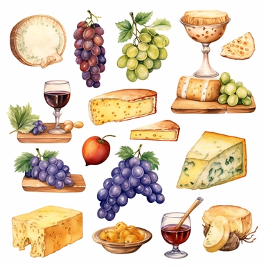 Watercolor cheese platter , illustrations clipart set, simple, soft colors, cartoon elements, different variants, cheese from around the world, wooden elements, wall nuts, grapes, raisins, separate elements with a margin