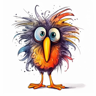 Funny colorful cartoon bird like a pompon clipart with big beautiful eyes and long beautiful legs, distinct fine details, watercolor technique, black contour lines