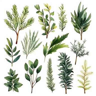 Clipart, vintage, watercolor,Evergreen Broadleaf, botanical illustration, hand drawn, texture