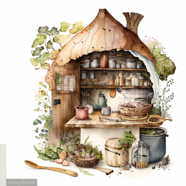 a hyper-detailed illustration watercolor clipart of a whimsical kitchen of a fairy house built out of natural materials by a human,complete kitchen utensil and kitchenware and foods in preparation , zoom close up view on wooden table watercolor illustration, illustration style a combination of Beatrix Potter and Tove Jansson,isolated on white background with margins, cut-out images