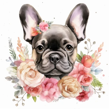 watercolour beautiful neutral floral cute realistic French bulldog puppy with roses dahlias peonies beautifully detailed cute face perfect facial features and ears four perfect legs and paws beautiful cute realistic French bulldog puppy, png clipart, 300dpi, graphic clipart,computer graphics,high resolution print graphics